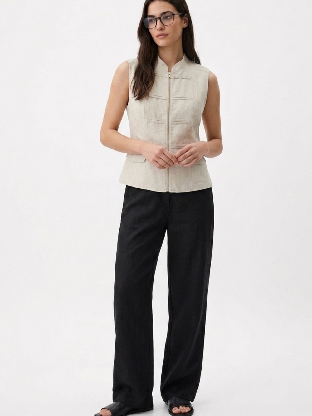 Zara Linen-Blend Zip-Up Military Vest with Fabric Frogging - Cream/Beige large